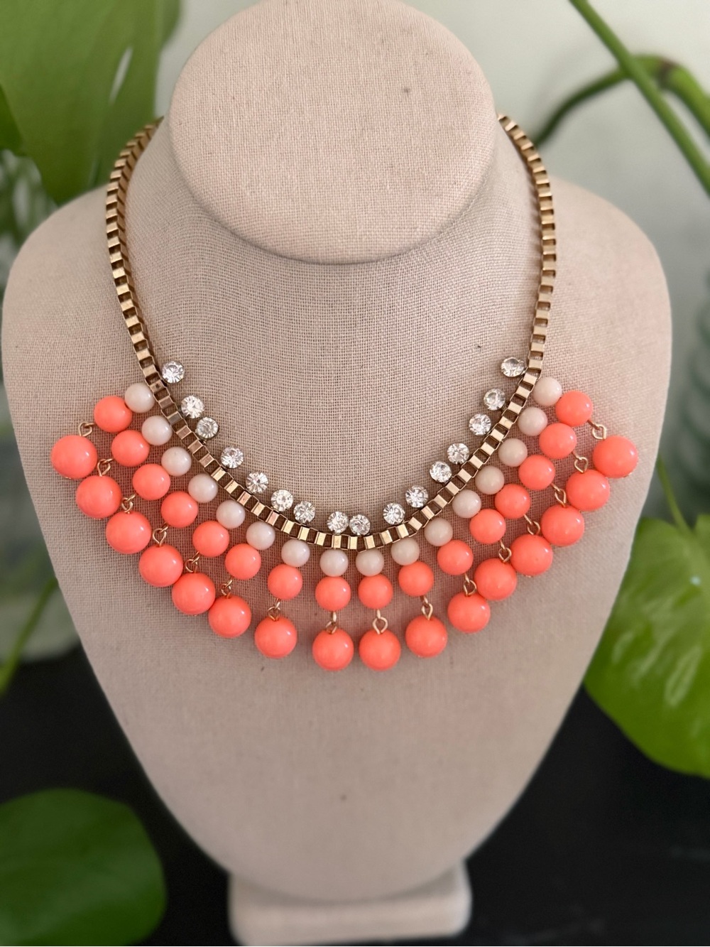 Vintage Coral & Blush Glass Rhinestones Dangling Beaded Statement Bib Necklace